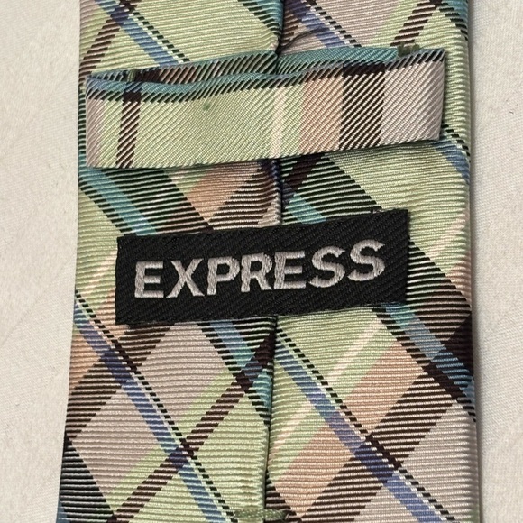 Express Brand Necktie Tie Repp Silk Pastel Plaid Green Blue Pink Mens - Picture 9 of 13